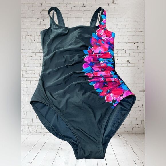 Miraclesuit by Kirkland Black and Pink One Piece One-Piece Swimsuit Sz. 12 - Picture 2 of 6